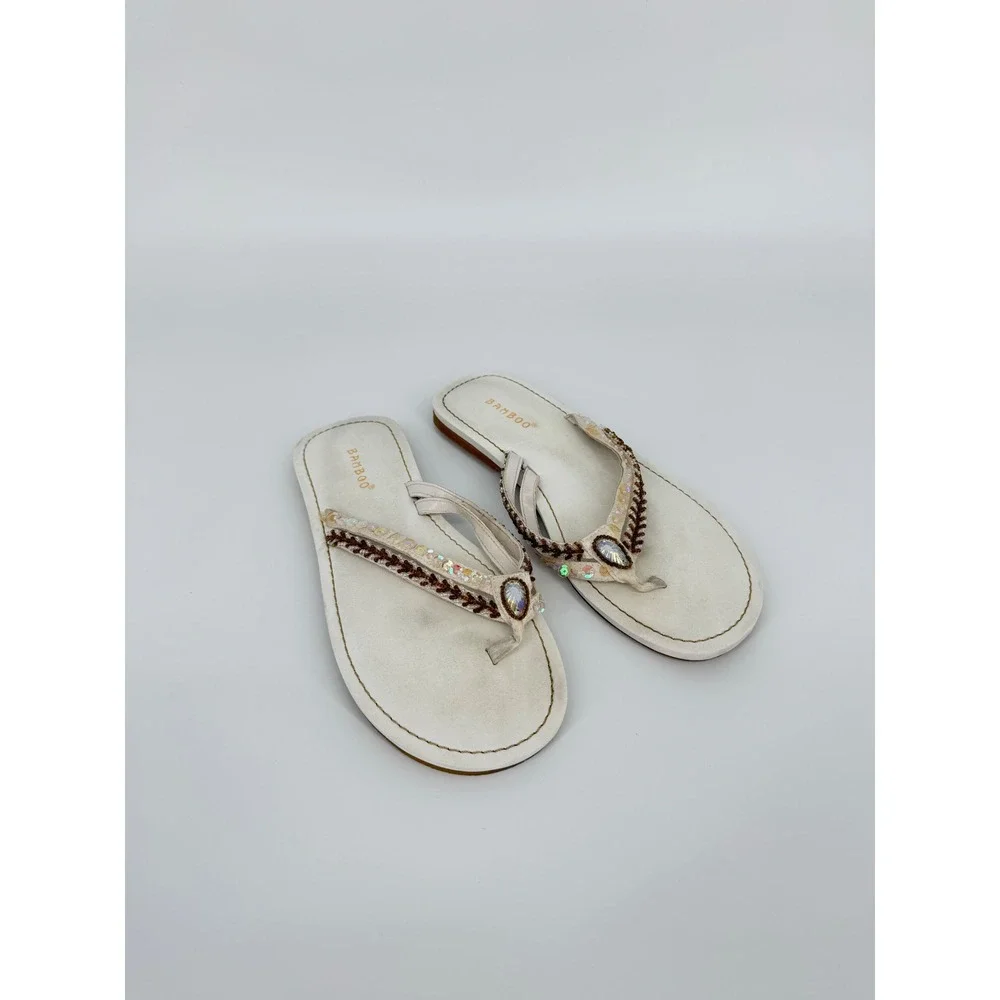 Bamboo Womens Beaded Thong Sandals Cream Sequin Boho Flip Flops Size 8